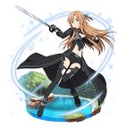  adapted_costume asuna_(sao) belt black_cape black_footwear black_gloves black_legwear black_ribbon black_shorts breasts brown_eyes brown_hair cape cleavage cosplay crop_top fingerless_gloves floating_hair full_body gloves hair_ribbon holding holding_sword holding_weapon kirito kirito_(cosplay) long_hair looking_at_viewer medium_breasts midriff navel official_art one_side_up ribbon short_shorts shorts solo stomach sword sword_art_online sword_art_online:_code_register thighhighs transparent_background very_long_hair weapon 