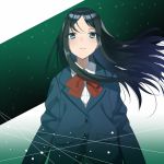  1girl bad_id bad_pixiv_id black_hair blue_eyes blue_jacket boogiepop bow bowtie collared_shirt commentary dress_shirt floating_hair green_background jacket long_hair long_sleeves looking_at_viewer minahoshi_suiko minatoasu parted_lips red_bow red_bowtie school_uniform shirt solo upper_body white_shirt 