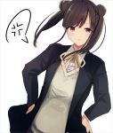 1girl :i anger_vein bangs black_jacket blazer brown_hair closed_mouth collared_shirt commentary_request doran_(dorannomai) double_bun dress_shirt eyebrows_visible_through_hair hands_on_hips highres idolmaster idolmaster_shiny_colors jacket long_hair long_sleeves neck_ribbon open_blazer open_clothes open_jacket pout red_eyes ribbon school_uniform shirt side_bun solo sonoda_chiyoko spoken_anger_vein sweater_vest twintails v-shaped_eyebrows white_background white_shirt yellow_ribbon 