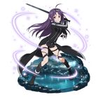  adapted_costume ahoge black_cape black_footwear black_gloves black_legwear black_shorts cape cosplay fingerless_gloves floating_hair full_body gloves grin hairband holding holding_sword holding_weapon kirito kirito_(cosplay) kneehighs long_hair looking_at_viewer official_art pointy_ears purple_hair red_eyes short_shorts shorts smile solo standing sword sword_art_online sword_art_online:_code_register thigh_strap transparent_background very_long_hair weapon yuuki_(sao) 