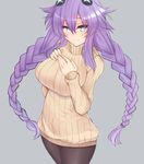  blue_eyes blush braid breasts choujigen_game_neptune cowboy_shot dura grey_background hair_ornament hand_on_own_chest large_breasts long_hair looking_at_viewer neptune_(series) pantyhose purple_hair purple_heart shiny shiny_hair simple_background smile solo sweater symbol-shaped_pupils twin_braids very_long_hair 