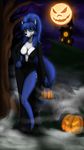  2017 anthro astraldog black_nose blue_fur breasts canine cleavage clothed clothing cosplay elvira elvira:_mistress_of_the_dark female fog food footwear fox fruit fur graveyard green_eyes halloween haunted_house high_heels holidays jack-o&#039;-lantern krystal looking_at_viewer mammal nintendo nipple_bulge pumpkin shoes solo star_fox video_games 