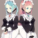 apron blue_eyes blue_hair brooch dress elbow_gloves felicia_(fire_emblem_if) fingerless_gloves fire_emblem fire_emblem_if flora_(fire_emblem_if) gem gloves grey_background jewelry looking_at_viewer maid maid_apron maid_cap multiple_girls open_mouth pink_hair ponytail siblings simple_background sisters skirt smile twins twintails 