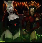  2017 areola breasts clothed clothing costume digital_media_(artwork) draenei duo elf female glowing glowing_eyes hair halloween holidays horn humanoid kayalina long_hair looking_at_viewer night_elf not_furry nyuunzi pointy_ears smile video_games warcraft white_hair 