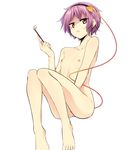 arai_togami bangs barefoot black_hairband breasts commentary_request covering covering_crotch hairband heart highres kiseru knees_together_feet_apart komeiji_satori looking_at_viewer nipples nude pipe purple_hair red_eyes short_hair simple_background sitting small_breasts solo touhou white_background 