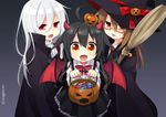  black_hair broom brown_hair candy commentary food glasses halloween halloween_basket halloween_costume hat holding jack-o'-lantern kantai_collection kikuzuki_(kantai_collection) looking_at_viewer mikazuki_(kantai_collection) mochizuki_(kantai_collection) multiple_girls nagasioo open_mouth ribbon silver_hair simple_background twitter_username vampire_costume wings witch_hat 