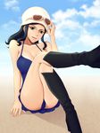  1girl alone ass black_boots black_hair blue_dress blue_eyes boots breasts cleavage clouds dress female hips large_breasts long_hair nico_robin one_piece sitting sky solo sunglasses sunglasses_on_head thighs 