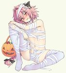  :d astolfo_(fate) bad_revision bag bandages bare_shoulders black_bow blush bow braid bulge candy censored_revision fate/apocrypha fate/grand_order fate_(series) food full_body hair_bow hair_intakes half-closed_eyes halloween_basket head_tilt highres knee_up long_hair looking_at_viewer male_focus md5_mismatch multicolored_hair naked_bandage navel no_pupils no_shoes nose_blush open_mouth otoko_no_ko pas_(paxiti) penis pink_eyes pink_hair simple_background single_braid sitting smile solo spread_legs streaked_hair thighhighs uncensored very_long_hair white_legwear yellow_background 