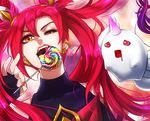 1girl alternate_costume alternate_hair_color alternate_hairstyle bare_shoulders candy elbow_gloves fingerless_gloves flat_chest gloves hair_ornament jinx_(league_of_legends) league_of_legends long_hair magical_girl red_bow red_bowtie red_eyes red_hair saliva shiro_(league_of_legends) star_guardian_jinx tied_hair twintails very_long_hair yellow_eyes 