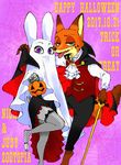  2017 anthro barefoot canine cape claws clothing costume disney dress duo female fishnet fishnet_legwear fox fur green_eyes halloween hi_res holidays judy_hopps lagomorph legwear looking_at_viewer madkanatan male mammal nick_wilde purple_eyes rabbit simple_background smile stockings text thigh_highs toe_claws vest walking_stick zootopia 