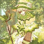  akikazekinoko blonde_hair brown_eyes eyepatch flower forest gen_4_pokemon hat hat_flower holding holding_staff leafeon nature open_mouth outdoors personification pokemon sketch smile solo staff standing yellow_hat 