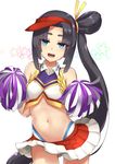  :d bangs bare_shoulders black_hair blue_eyes blunt_bangs breasts cheerleader contrapposto cowboy_shot fate/grand_order fate_(series) long_hair looking_at_viewer midriff navel open_mouth p!nta pom_poms side_ponytail sidelocks small_breasts smile solo standing star thick_eyebrows ushiwakamaru_(fate/grand_order) very_long_hair visor_cap wing_collar 