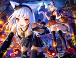  all_fours animal_ears bat bow candy cat_ears cat_tail elbow_gloves facial_mark fang food full_moon gloves green_eyes hair_bow halloween highres jack-o'-lantern jewelry lollipop long_hair looking_at_viewer moon multiple_girls necklace night open_mouth original red_eyes ring sachimaa short_hair sleeveless tail thighhighs white_hair 