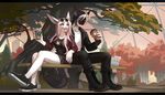  2017 5_fingers anthro beverage black_bars black_hair black_nose breasts cat clothed clothing day detailed_background digital_media_(artwork) duo feline female footwear hair holding_object lagomorph male mammal melloque outside pink_eyes pink_hair rabbit shoes smile tree white_hair white_nose 
