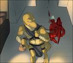  anthro azhrukahl bdsm blood bondage bound chain clothed clothing cosmicminerals digital_media_(artwork) dragon duo gladiator ismar lizard loincloth male male/male nightcrauzer prettygreenscales reptile scales scalie story story_in_description unconscious warrior 