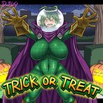  1girl antenna_hair blush breasts candy cape dr._omonemushi full_body gloves green_hair halloween halloween_costume jack-o&#039;-lantern large_breasts marvel mysterio mysterio_(cosplay) nipples open_mouth smile solo torn_clothes trick_or_treat yellow_eyes 