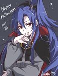  artist_name blood blood_from_mouth blue_hair cape chain dated fang grey_background hair_ornament halloween highres kazanari_tsubasa kiraki long_hair long_sleeves looking_at_viewer one_side_up puffy_sleeves red_eyes senki_zesshou_symphogear slit_pupils solo upper_body vampire 