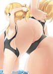  adjusting_clothes adjusting_swimsuit alternate_hairstyle armpits arms_up ass bare_legs bare_shoulders black_swimsuit blonde_hair blue_eyes blurry blush breasts bunching_hair commentary_request competition_swimsuit cowboy_shot depth_of_field from_below from_side hair_between_eyes hair_tie looking_at_viewer looking_to_the_side mtu_virus multiple_views one-piece_swimsuit original partially_visible_vulva peko ponytail profile shimotsuki_potofu sidelocks simple_background small_breasts swimsuit thighs tying_hair wading white_background 