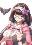  bat black_hair fate/grand_order fate_(series) fingerless_gloves gloves gohei_(aoi_yuugure) hairband highres long_hair looking_at_viewer low_twintails origami osakabe-hime_(fate/grand_order) purple_eyes semi-rimless_eyewear sketch solo tablet_pc twintails white_background 