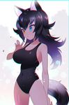  akemaru animal_ears black_hair blue_eyes blush breasts chromatic_aberration chromatic_aberration_abuse cleavage covered_navel eyebrows_visible_through_hair grey_wolf_(kemono_friends) heterochromia highres kemono_friends large_breasts long_hair multicolored_hair slender_waist solo swimsuit tail two-tone_hair wet wet_clothes wet_swimsuit wolf_ears wolf_girl wolf_tail yellow_eyes 