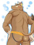  2014 anthro blush bovine brown_fur butt clothed clothing fur horn jockstrap looking_at_viewer male mammal rear_view red_eyes simple_background solo standing sum_kemono topless underwear yellow_sclera 