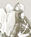  cape fire_emblem fire_emblem:_kakusei gloves highres hood krom male_focus male_my_unit_(fire_emblem:_kakusei) monochrome multiple_boys my_unit_(fire_emblem:_kakusei) short_hair smile 