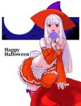  apron bare_shoulders breasts candy capcom_fighting_jam cleavage detached_sleeves food halloween hat highres ingrid lollipop long_hair looking_at_viewer medium_breasts midriff navel red_eyes red_legwear silver_hair sleeves_past_wrists solo standing standing_on_one_leg teeth tetsu_(kimuchi) thighhighs witch_hat 