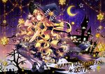  2017 :q bat blonde_hair broom broom_riding castle closed_mouth commentary crescent_moon dress english fishnet_pantyhose fishnets hair_ribbon halloween happy_halloween hat hat_ribbon high_heels kirisame_marisa lilithbloody long_hair looking_at_viewer moon night night_sky panties pantyhose purple_dress ribbon short_sleeves sky smile solo star_(sky) tongue tongue_out touhou tress_ribbon underwear witch_hat yellow_eyes 