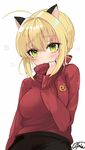  adjusting_clothes alternate_costume animal_ears arm_at_side bad_id bad_pixiv_id badge blonde_hair blush breasts button_badge cat_ears closed_mouth eyebrows_visible_through_hair fate/extra fate_(series) green_eyes hair_intakes huyou_(awegk) kemonomimi_mode long_sleeves looking_at_viewer medium_breasts nero_claudius_(fate) nero_claudius_(fate)_(all) red_sweater short_hair signature simple_background sleeves_past_wrists solo sweater tsurime turtleneck turtleneck_sweater upper_body white_background 