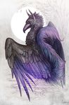  alaiaorax avian black_feathers feathered_wings feathers feral gryphon purple_eyes purple_feathers sitting solo traditional_media_(artwork) wings 