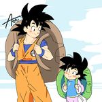  artist_name azu_(kirara310) backpack bag black_eyes black_hair blush_stickers chinese_clothes clenched_hands cloud cloudy_sky day dougi dragon_ball dragon_ball_super dragon_ball_z father_and_son happy looking_at_another male_focus multiple_boys short_hair sky smile son_gokuu son_goten spiked_hair wristband 