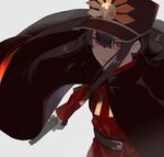  bangs black_hair blunt_bangs cape commentary_request fate_(series) grey_background gun hair_between_eyes hat holding holding_gun holding_weapon jacket kibadori_rue long_hair looking_at_viewer male_focus military military_uniform oda_nobukatsu_(fate/grand_order) parted_lips peaked_cap red_eyes red_jacket simple_background solo standing uniform upper_body weapon 