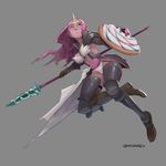  adventure_time alternate_costume armor breasts commentary faulds full_body gauntlets greaves grey_background humanization long_hair medium_breasts ohnarev pauldrons pink_hair pink_skin polearm princess_bonnibel_bubblegum red_eyes shield showgirl_skirt solo spear thighhighs tiara weapon 