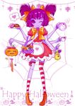  1girl apron bow candy chocolate extra_arms extra_eyes fangs halloween high_heel_boots high_heels insect_girl muffet pumpkin purple_skin ribbon spider_girl tea thighhighs undertale wink 
