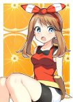  1girl bike_shorts black_shorts blue_eyes bow brown_hair collarbone creatures_(company) eyebrows_visible_through_hair game_freak hair_bow hairband haruka_(pokemon) highres long_hair nintendo open_mouth pokemon pokemon_(game) pokemon_oras red_hairband red_shirt shirt short_shorts shorts shorts_under_shorts sitting sleeveless sleeveless_shirt solo striped striped_bow white_shorts yuihiko 