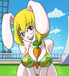  2017 anthro big_breasts blonde_hair blush breasts carrot carrot_(one_piece) clothing female food fur hair lagomorph looking_at_viewer mammal minkmen_(one_piece) one_piece open_mouth outside rabbit seductive sky smile solo vegetable white_fur 