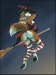  anthro black_nose black_pawpads broom brown_fur butt canine claws clothing digitigrade dorosheva-e female fur hat legwear looking_at_viewer looking_back low-angle_view magic magic_user mammal night outside pawpads presenting presenting_hindquarters sky smile solo star starry_sky stockings striped_legwear striped_stockings stripes witch wolf 