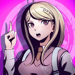  ahoge akamatsu_kaede artist_name blonde_hair danganronpa hair_ornament hairclip index_finger_raised looking_at_viewer necktie new_danganronpa_v3 open_mouth pink_background pink_eyes pointing pointing_up qosic signature solo sweater_vest 