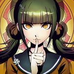  artist_name black_hair danganronpa finger_to_mouth harukawa_maki index_finger_raised light_smile looking_at_viewer mole mole_under_eye new_danganronpa_v3 orange_eyes qosic school_uniform serafuku shushing signature solo twintails 