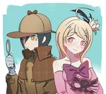  1girl ahoge akamatsu_kaede bare_shoulders black_hair blonde_hair blue_background blush cosplay danganronpa dress flower green_eyes hair_flower hair_ornament hairclip looking_at_viewer magnifying_glass new_danganronpa_v3 pink_dress pink_eyes qosic saihara_shuuichi sherlock_holmes sherlock_holmes_(cosplay) side-by-side smile the_adventures_of_sherlock_holmes 