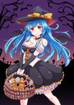  alternate_costume arm_warmers bat_wings black_dress blue_hair breasts candy cleavage cowboy_shot dress food frilled_dress frills halloween_basket halloween_costume hat highres koga_(oshiro_project) large_breasts lollipop long_hair looking_at_viewer oshiro_project oshiro_project_re oxchu red_eyes sleeveless sleeveless_dress smile solo wings witch_hat 