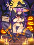  ass bangs bare_tree black_legwear blunt_bangs blush boots breasts brick_floor candle cape covered_nipples cross damegane fire flame full_moon glowing glowing_eyes grin hair_between_eyes halloween high_heel_boots high_heels highres jack-o'-lantern knee_boots large_breasts long_hair moon mummy navel night night_sky nose_blush orange_eyes original platform_footwear pumpkin purple_hair shiny shiny_skin sky smile solo squatting staff star star-shaped_pupils star_(sky) stomach stuffed_animal stuffed_toy symbol-shaped_pupils teddy_bear thighhighs thighs tombstone tree witch 
