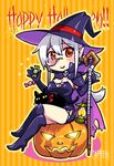  ahoge animal black_cat breasts caffein cat chibi cleavage commentary_request halloween hat headphones jack-o'-lantern long_hair monocle pointy_ears ponytail red_eyes silver_hair sitting solo staff very_long_hair vocaloid voyakiloid witch witch_hat yowane_haku 