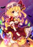  absurdres alternate_color bangs bat black_legwear blonde_hair bow candy closed_mouth cloud commentary_request crescent crystal eyebrows_visible_through_hair fence flandre_scarlet food glowing glowing_wings gradient_eyes gradient_sky hair_between_eyes halloween halloween_basket hat hat_ribbon highres holding holding_wand jack-o'-lantern lollipop looking_at_viewer medium_hair medium_skirt mob_cap multicolored multicolored_eyes night night_sky one_eye_closed petticoat pink_sky polka_dot puffy_short_sleeves puffy_sleeves pumpkin purple_sky red_bow red_eyes red_ribbon red_skirt red_vest ribbon ruhika shirt short_sleeves side_ponytail skirt skirt_set sky smile solo standing star striped striped_neckwear thighhighs touhou vest wand white_hat white_shirt wings wrist_cuffs yellow_eyes yellow_neckwear 