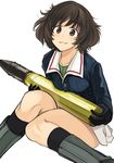  :3 akiyama_yukari bangs black_footwear black_gloves black_legwear blue_jacket boots brown_eyes brown_hair closed_mouth eyebrows_visible_through_hair full_body girls_und_panzer gloves green_shirt highres holding jacket knees_together_feet_apart long_sleeves looking_at_viewer messy_hair military military_uniform miniskirt nishiide_kengorou ooarai_military_uniform pleated_skirt shirt short_hair simple_background sitting skirt smile socks solo tank_shell uniform white_background white_skirt 