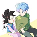  :d age_difference artist_name azu_(kirara310) black_eyes black_hair blue_eyes blue_hair chinese_clothes dragon_ball dragon_ball_super eyebrows_visible_through_hair happy long_sleeves male_focus multiple_boys open_mouth short_hair simple_background smile son_goten spiked_hair talking trunks_(dragon_ball) white_background 