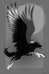  2014 alaiaorax black_feathers canine digital_media_(artwork) feathered_wings feathers hooves hybrid mammal red_eyes teeth tongue winged_canine wings 