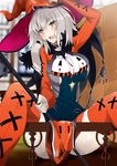 ahoge blurry blurry_background blush bob_cut boots breasts choker commentary_request cross-laced_footwear eyebrows_visible_through_hair fate_(series) halloween halloween_costume hat head_tilt highres holding jeanne_d'arc_(alter)_(fate) jeanne_d'arc_(fate)_(all) large_breasts long_sleeves looking_at_viewer open_mouth orange_footwear outdoors pelvic_curtain railing short_hair sitting solo spread_legs sweatdrop thigh_boots thighhighs thighs vane white_hair witch_hat yellow_eyes 