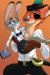  2017 akiric anthro belt book bra breasts bridal_carry canine carrying chest_tuft clothed clothing costume dipstick_ears disney duo english_text eye_contact eye_patch eyewear female fox glasses halloween hat holding_book holding_object holidays judy_hopps lagomorph librarian male male/female mammal melee_weapon nick_wilde open_shirt orange_background pirate rabbit scabbard simple_background skirt smile sword text tuft underwear weapon zootopia 