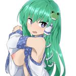  bangs blue_eyes blush breasts commentary_request detached_sleeves eyebrows_visible_through_hair frog_hair_ornament from_side green_hair hair_between_eyes hair_ornament hair_tubes interlocked_fingers kochiya_sanae long_hair long_sleeves looking_at_viewer medium_breasts nipples no_bra open_mouth own_hands_together sidelocks simple_background snake_hair_ornament solo touhou tyouseki upper_body white_background wide_sleeves 